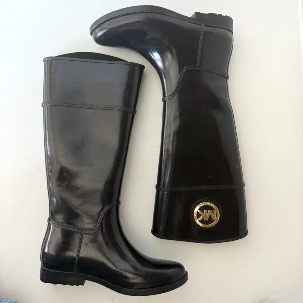 MICHAEL KORS Rain Boots Black Logo Knee High Waterproof Glossy Pull On‎ Size 7